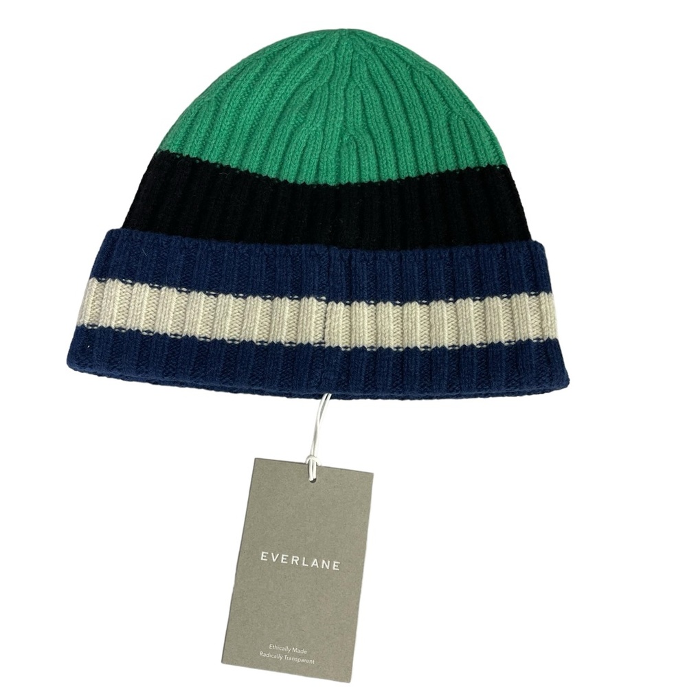 Everlane The Cashmere Unisex Beanie Bright Navy Multi Stripe NWT